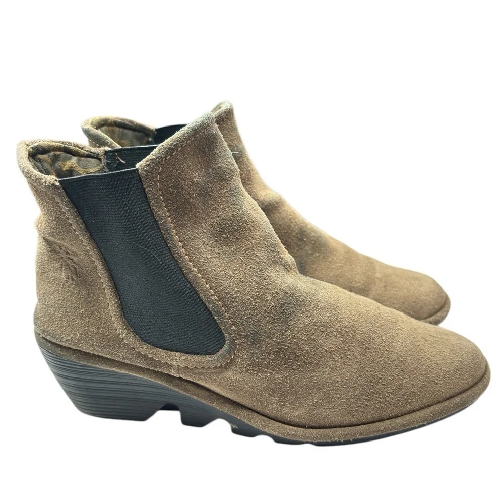 Fly London Boots 39 Yade Ankle Booties Wedge Pull On Brown Suede P500426003